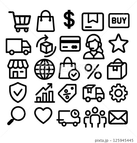 E commerce icons including shopping cart, dollar sign, package, and delivery symbols evoke sense E commerce icons including shopping cart, dollar sign, package, and delivery symbols evoke sense 125945445