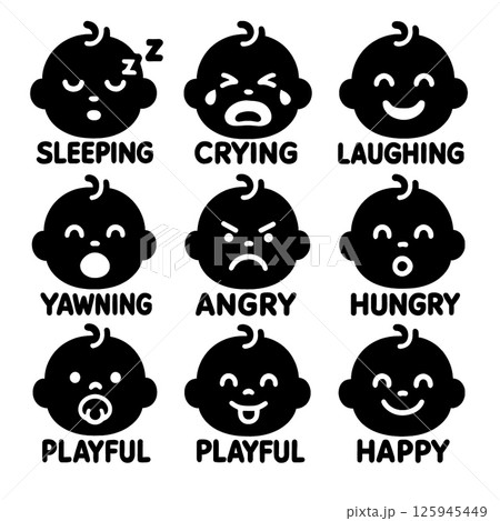 Collection of baby face icons expressing various emotions like sleeping, crying, and laughing Collection of baby face icons expressing various emotions like sleeping, crying, and laughing 125945449