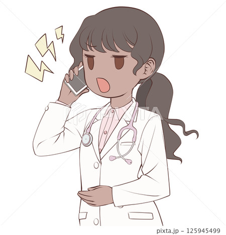 スマホで電話をかける褐色肌の女性医師・怒る スマホで電話をかける褐色肌の女性医師・怒る 125945499