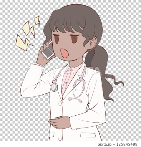 A dark-skinned female doctor making a phone call on her smartphone, angry 125945499