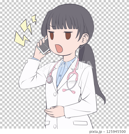 一位黑髮女醫生用智慧型手機打電話,生氣 一位黑髮女醫生用智慧型手機打電話,生氣 125945500