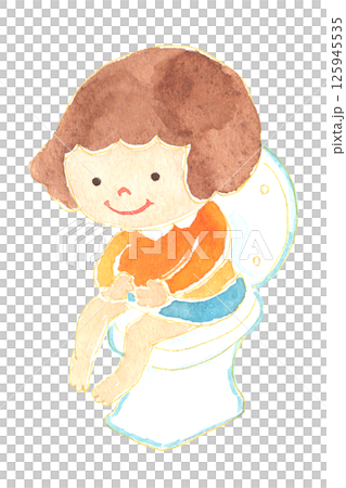 孩子上廁所的水彩畫。兒童保育、教育和教育材料。 孩子上廁所的水彩畫。兒童保育、教育和教育材料。 125945535