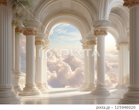大理石の柱とアーチが並ぶ幻想的建築と雲の背景 125946020