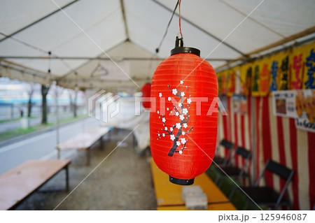 桜祭りの朝に飾られた桜の花模様の赤色の提灯 桜祭りの朝に飾られた桜の花模様の赤色の提灯 125946087