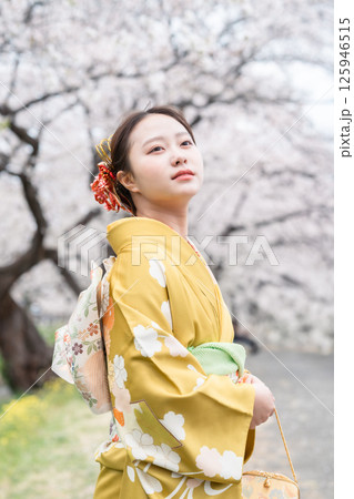 満開の桜の下振袖を着た成人女性 満開の桜の下振袖を着た成人女性 125946515