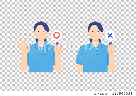 スクラブ姿の女性介護士がマルとバツの札で判定する上半身のイラストセット。 125946531