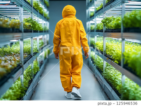 宇宙で植物を育てる宇宙飛行士のイメージ素材 125946536