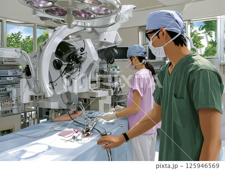 手術支援ロボットを使った最新外科手術風景のイメージ素材 手術支援ロボットを使った最新外科手術風景のイメージ素材 125946569