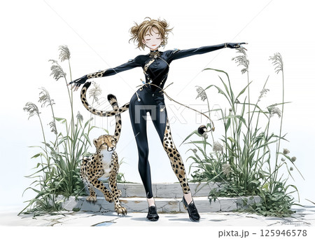 草原を散歩するチーターの妖精のイラスト素材 125946578