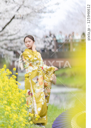 川越新河岸川で着物姿で花見をする成人女性 川越新河岸川で着物姿で花見をする成人女性 125946612