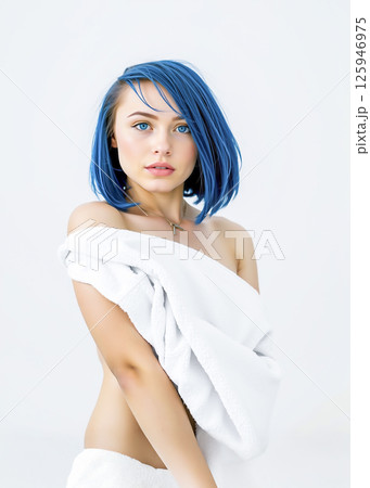 バスタオルを羽織った若い女性　青色の髪の毛 125946975