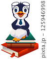 Teacher bird penguin professor in glasses sit on stack book 125946998