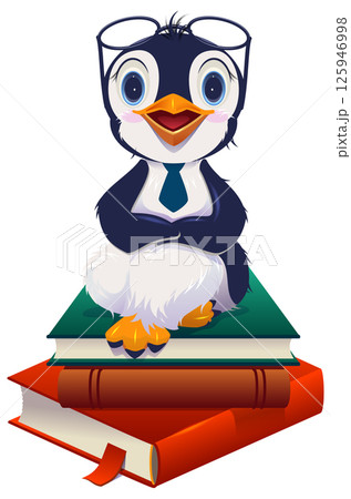 Teacher bird penguin professor in glasses sit on stack book 125946998