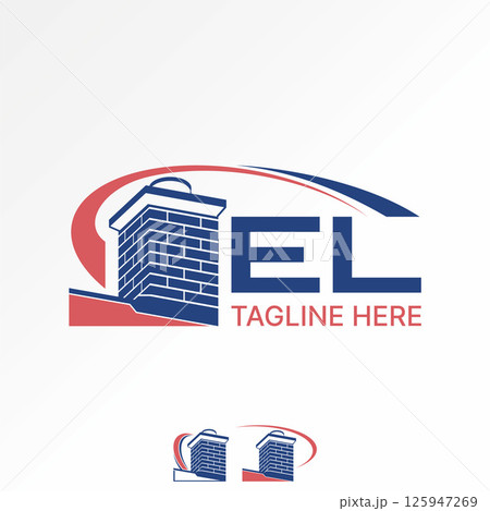 Logo design graphic concept creative premium vector stock image top chimney brick and swoosh smoke heating exterior wall vent fire pipe property home 125947269