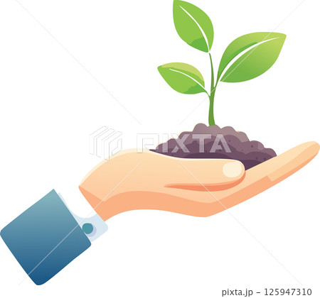 Flat design of a human hand offering a young plant with soil, representing environmental awareness and reforestation efforts. 125947310