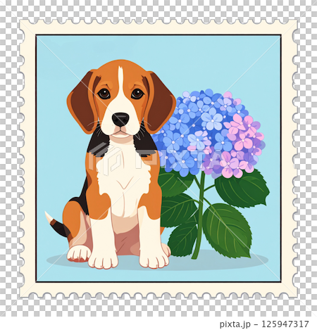 繡球花和小獵犬郵票插圖1/傳單和海報材料 125947317