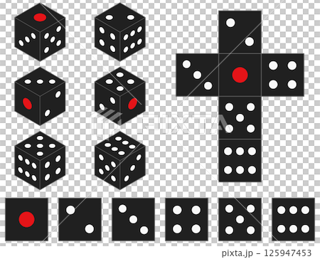 黒いサイコロ 展開図と出目6パターン&立体イラストセット 125947453