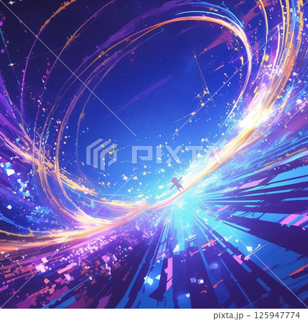 光の軌跡の中を漂う小さな人物と幻想的な宇宙空間 125947774