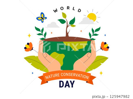 World Nature Conservation Day Vector Illustration featuring a World Map, Tree, and Eco Friendly Ecology and Environmental Preservation in a Background 125947982
