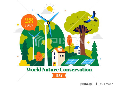 World Nature Conservation Day Vector Illustration featuring a World Map, Tree, and Eco Friendly Ecology and Environmental Preservation in a Background 125947987