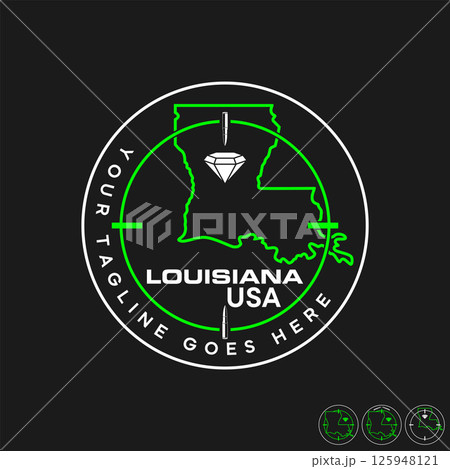 Logo design graphic concept creative premium vector stock image top sell maps line Lousiana USA shooting bullets target diamond jewel shop accessories 125948121