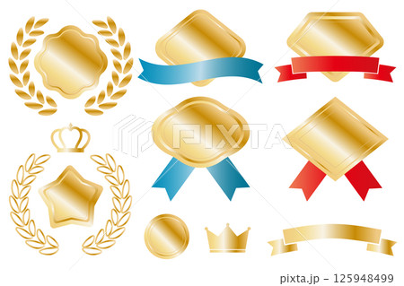 金　ゴールドのさまざまな形のメダル　メタルフレーム　セット 125948499