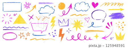 Kid color pencil hand drawn line element set. Chalk pencil hand drawn doodle sketch texture color kid crayon arrow, heart, cloud shape set. Texture chalk, crayon pencil style. Vector Kid color pencil hand drawn line element set. Chalk pencil hand drawn doodle sketch texture color kid crayon arrow, heart, cloud shape set. Texture chalk, crayon pencil style. Vector 125948591