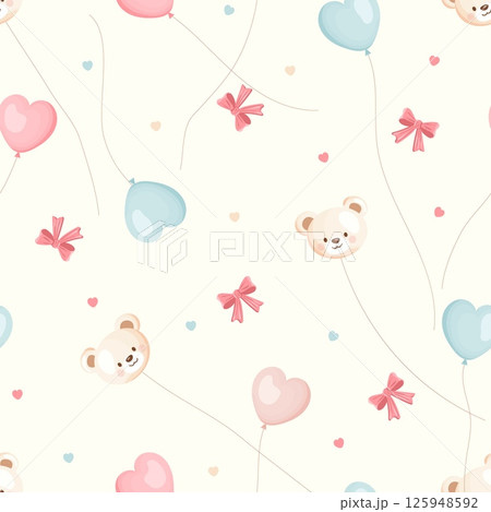 Seamless pattern with teddy bears, heart balloons and bows on white background 125948592