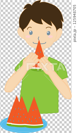 Illustration of a boy eating watermelon Illustration of a boy eating watermelon 125948705