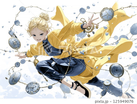 インダストリアルフェアリー　時計の前に立つ時間の妖精のイラスト素材 125949076