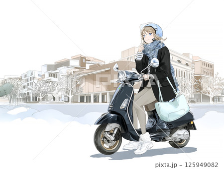 スクーターで買い物に出かける若い女性のイラスト素材 125949082
