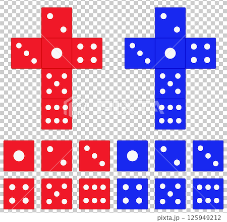 赤青2色のサイコロ 展開図と出目6面イラストセット 赤青2色のサイコロ 展開図と出目6面イラストセット 125949212