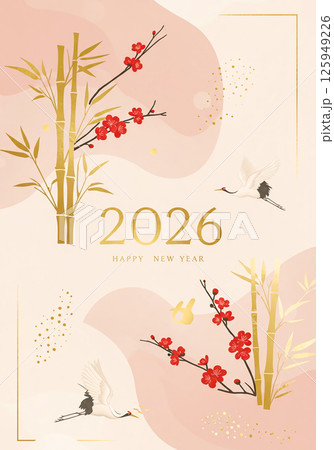 2026年辰年用 和風年賀状デザイン 鶴と竹 125949226
