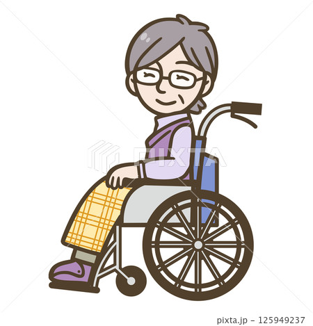 車椅子に座る笑顔の高齢女性のイラスト（医療・介護・福祉） 125949237