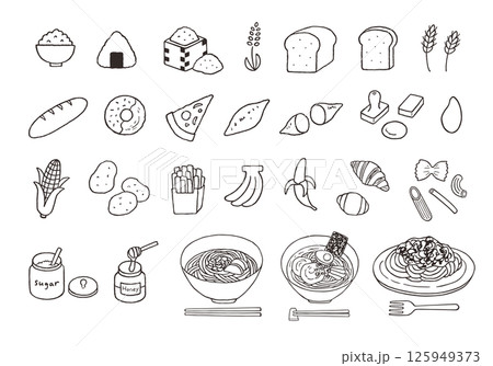 炭水化物・糖質を多く含む食べ物の手描きイラストセット（モノクロ） 125949373
