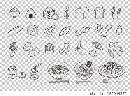 炭水化物・糖質を多く含む食べ物の手描きイラストセット（モノクロ） 125949373