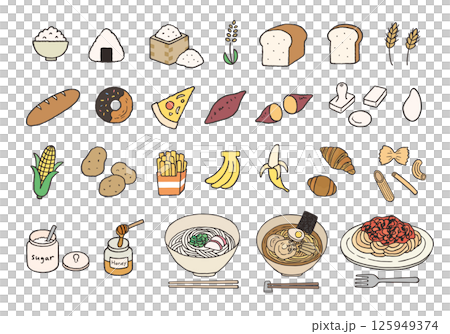 炭水化物・糖質を多く含む食べ物の手描きイラストセット（カラー） 125949374