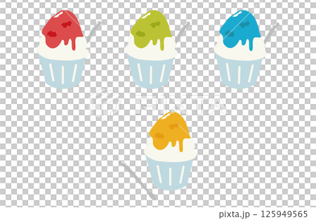 赤、緑、青、黄色のシロップのかき氷4つのイラスト 125949565
