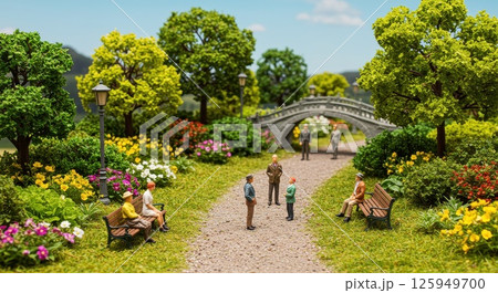 春の新緑や花々の季節感ある自然風景のミニチュア 125949700
