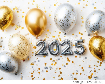 Festive new year 2025 gold and silver balloons with confetti on white background for celebration design 125950168