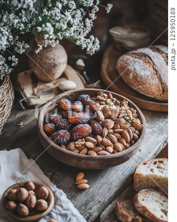 Rustic festive spread with dates, nuts, and fresh bread for holiday gatherings 125950189