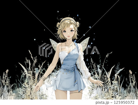夜の散歩をするホタルの妖精のイラスト素材 125950372