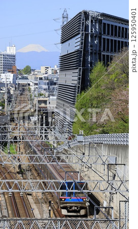 東京科学大(旧東工大)大岡山キャンパス内にある「東京富士見坂」から見た富士山、東急の電車 東京科学大(旧東工大)大岡山キャンパス内にある「東京富士見坂」から見た富士山、東急の電車 125950401