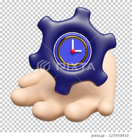 3d cartoon hand with clock in gear icon isolated. minimalism, time management, productivity concept, 3d illustration render 125950410