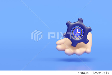 3d cartoon hand with clock in gear icon isolated on blue background. minimalism, time management, productivity concept, 3d illustration render 125950415