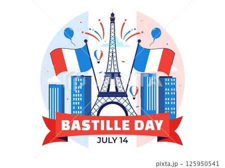 Happy Bastille Day Vector Illustration on July 14, featuring the French Flag, Ribbon, and Eiffel Tower in a National Holiday Flat Background 125950541
