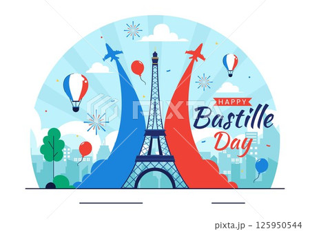 Happy Bastille Day Vector Illustration on July 14, featuring the French Flag, Ribbon, and Eiffel Tower in a National Holiday Flat Background 125950544