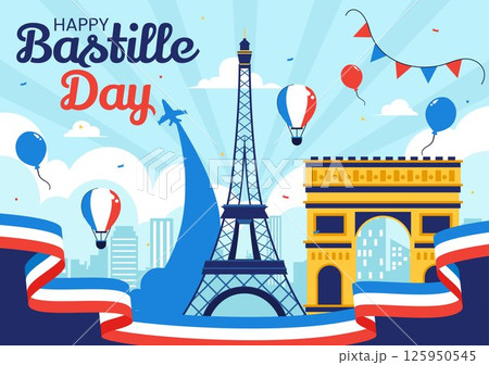 Happy Bastille Day Vector Illustration on July 14, featuring the French Flag, Ribbon, and Eiffel Tower in a National Holiday Flat Background 125950545