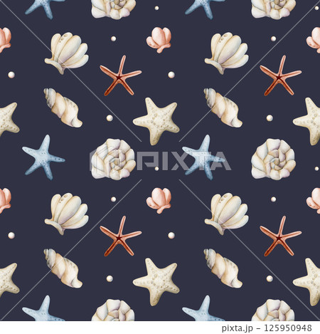 Sea Shells Starfish Pearl. Watercolor hand painted summer seamless pattern on dark blue background. Cute pastel neutral underwater ocean marine life for kids baby nursery textile fabric wrapping paper 125950948