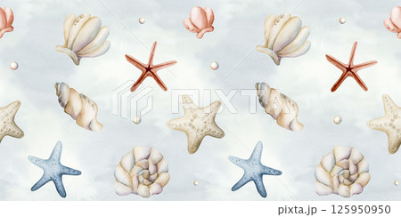 Sea Shells Starfishes Pearls. Watercolor hand painted summer seamless pattern on blue background. Cute pastel neutral underwater ocean marine life for kids baby nursery textile fabric, wrapping paper Sea Shells Starfishes Pearls. Watercolor hand painted summer seamless pattern on blue background. Cute pastel neutral underwater ocean marine life for kids baby nursery textile fabric, wrapping paper 125950950